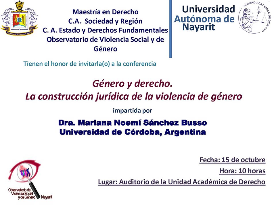 Invitación conferencia "Género y derecho. La construcción jurídica de la violencia de género"