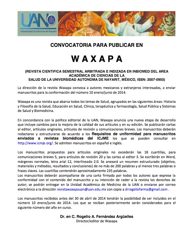 Convocatoria para publicar en Revista WAXAPA del área de la Salud ene-jun 2014
