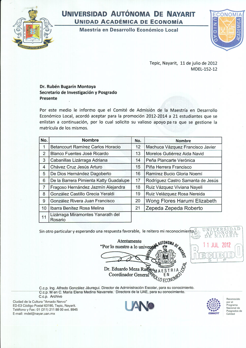 Lista de aceptados Maestría Desarrollo Económico Local 2012