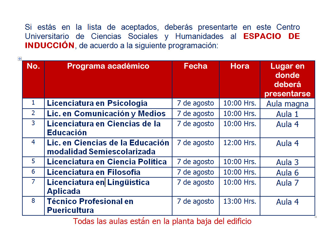 Calendario de Inducción CUCSH 2012