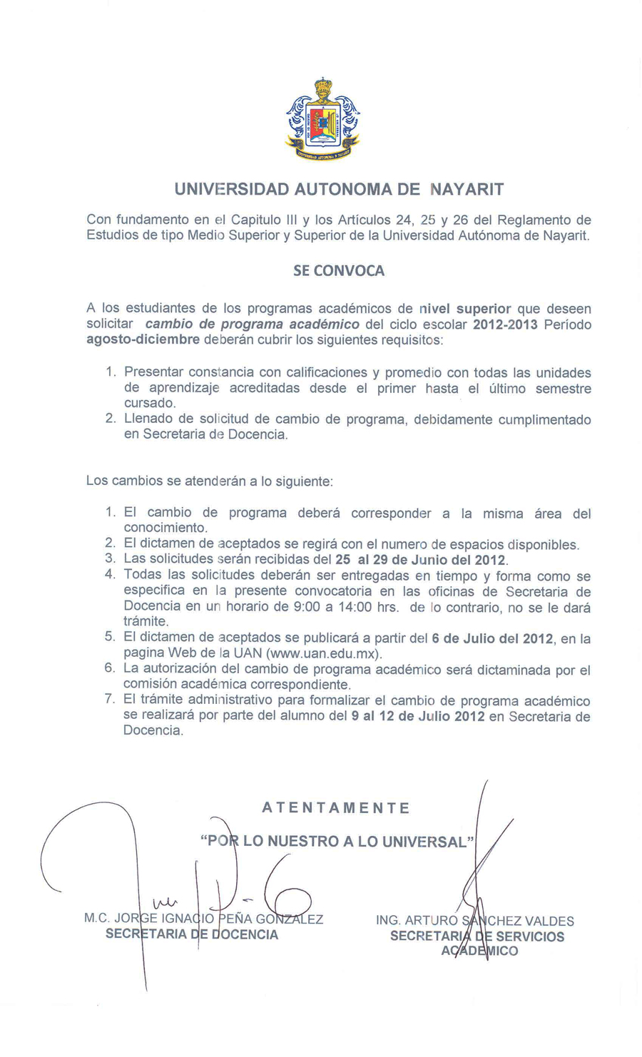Convocatoria cambio de programa académico 2012-2012