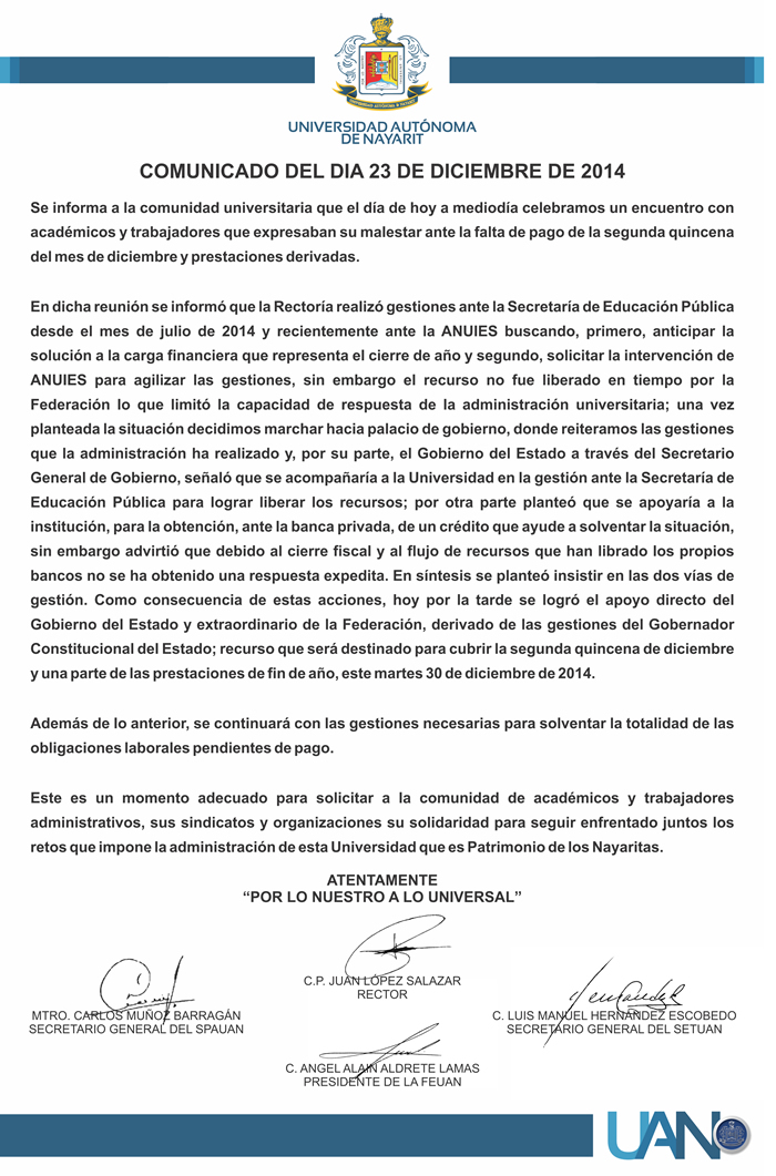 Comunicado oficial - 23 de diciembre 2014